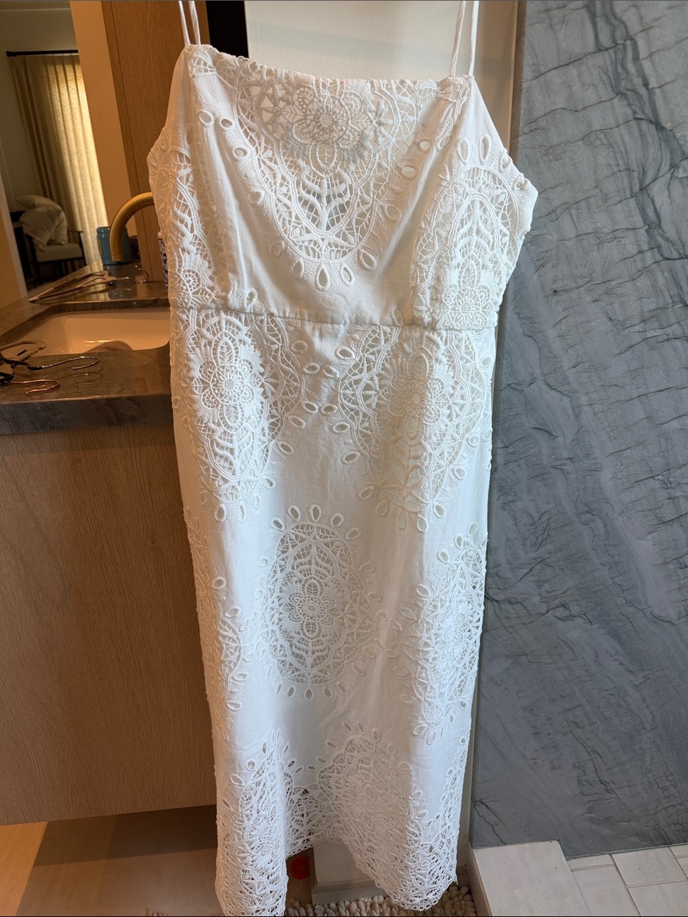 Jade White Lace Midi Dress with Spaghetti Straps